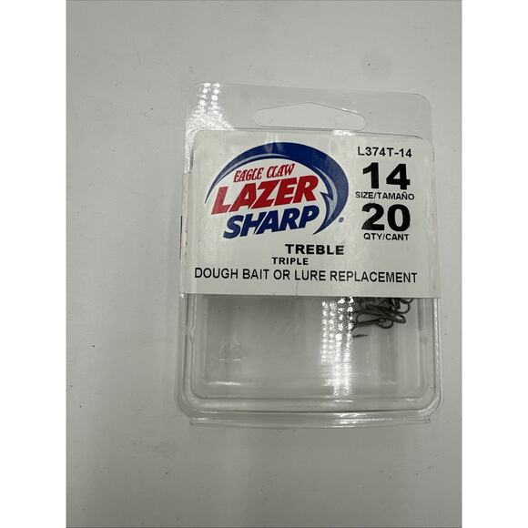 20 EAGLE CLAW FISH TREBLE HOOKS LAZER SHARP Size L374T -14. - Picture 1 of 5
